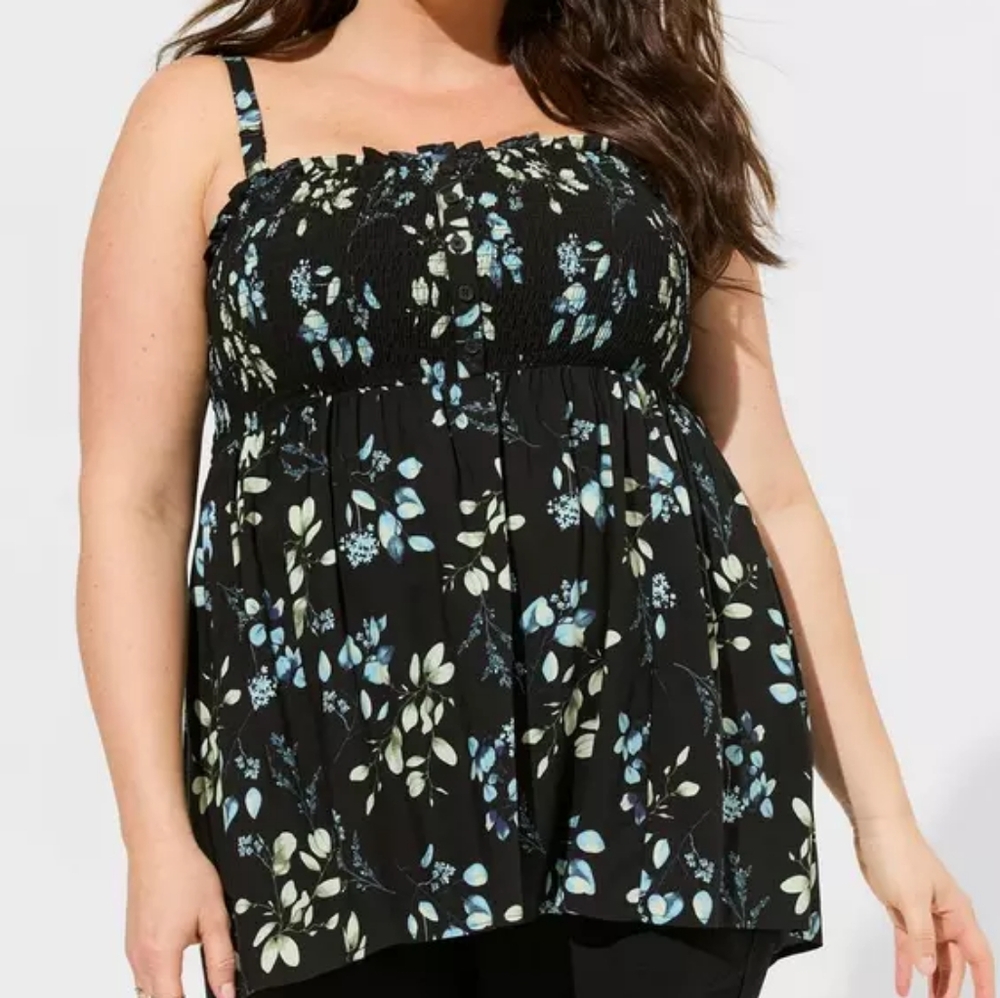 Torrid Size 0 Smocked Challis Babydoll Square Neck Sleeveless Top